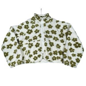 Buttermelon Floral Zip-Up Cropped Fleece Teddy Bear Fun Cozy Jacket - Sz M